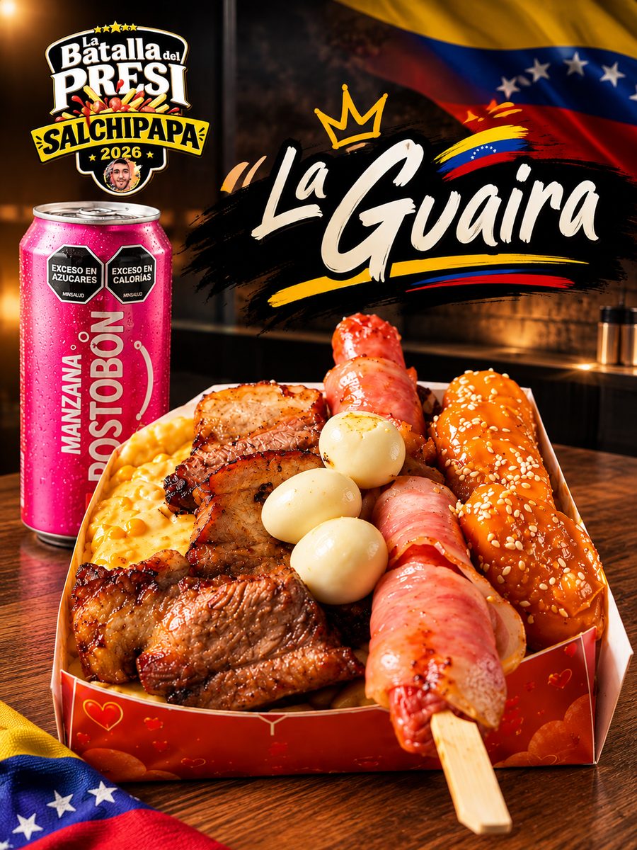 La Guaira, la salchipapa de La Esquina Venezolana en La Batalla del Presi: costillas ahumadas, salchicha envuelta en tocineta, croquetas de pollo en maracuyá y gratín de maíz, con una gaseosa al lado